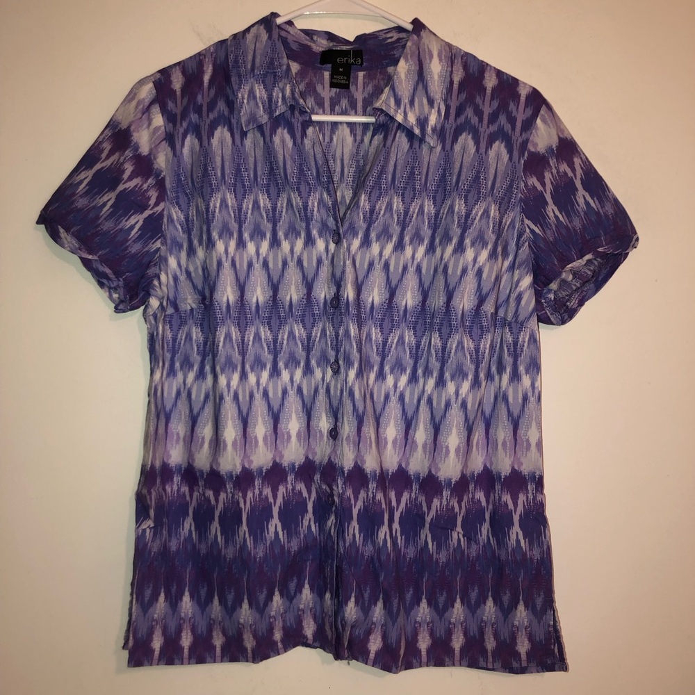 Erika Purple and White Ikat Button-Down Short Sleeve Shirt Womens M